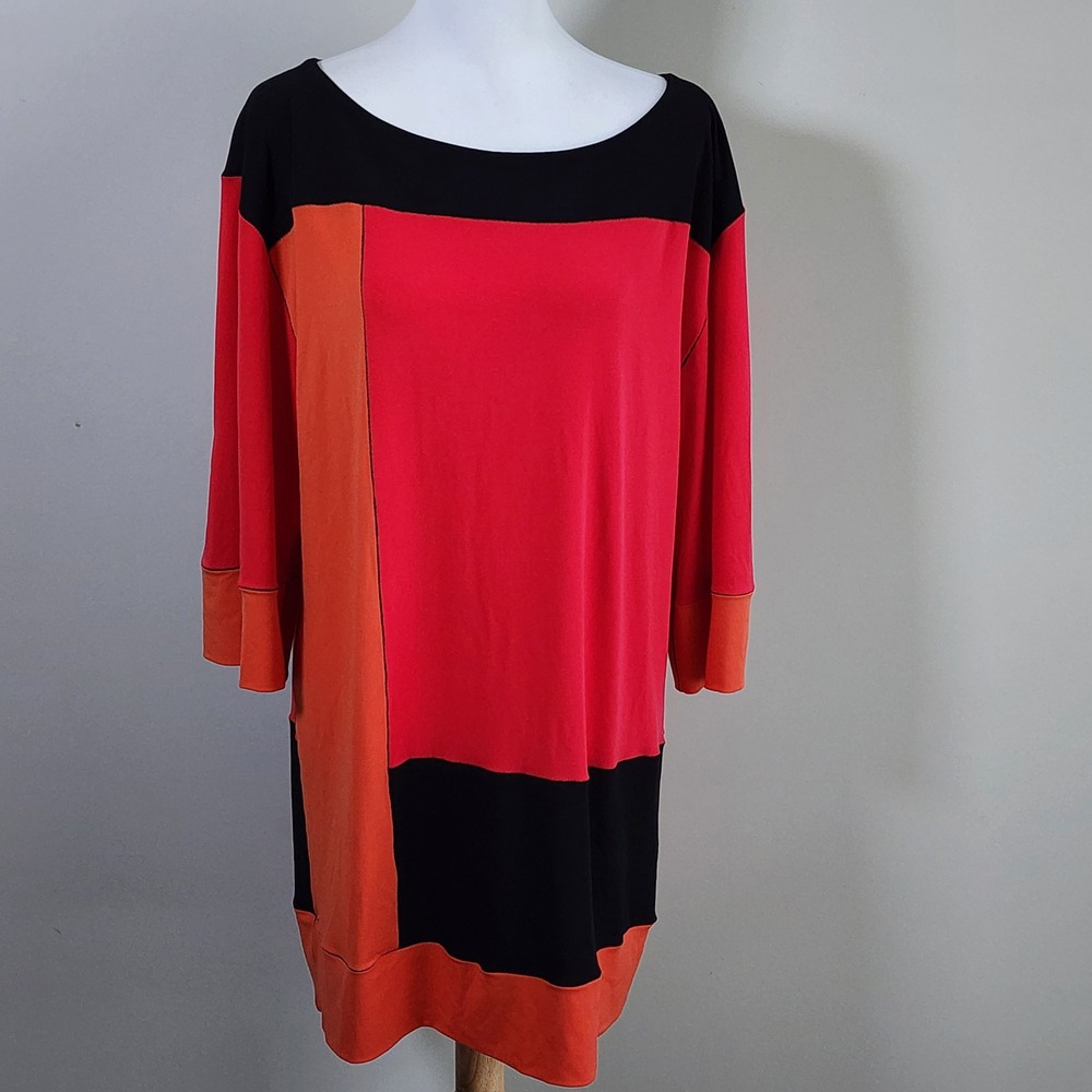 Kenneth Cole Reaction Colorblock Tunic Womens XL Red Orange Black Mod Top Fall